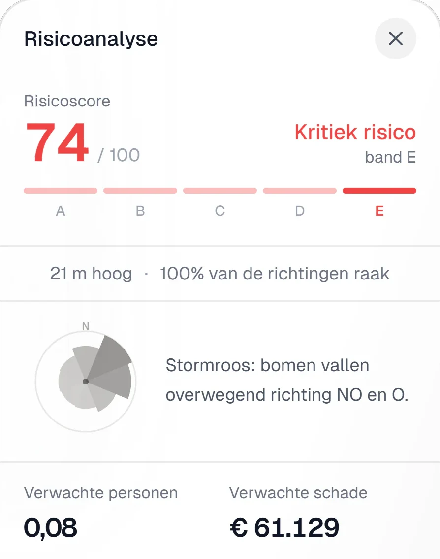 Het risicopaneel van dezelfde boom: risicoscore 74 van 100, kritiek risico band E, een stormroos en de verwachte personen en schade in de valzone
