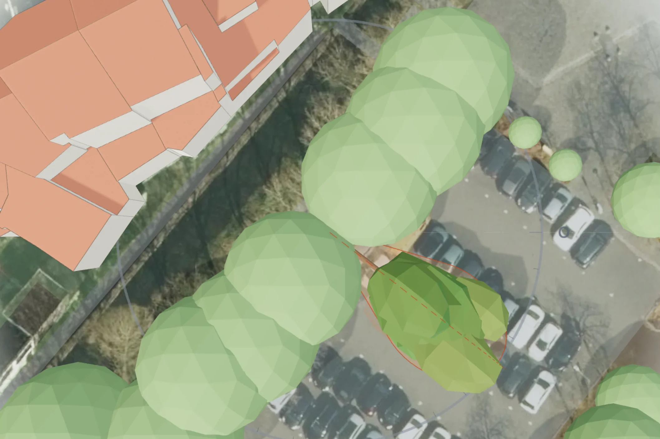 3D-scène uit IDA Bomen: 3DBAG-gebouwen op de luchtfoto, een rij bomen langs een parkeerterrein en één boom die over de geparkeerde auto's valt, met zijn valzone