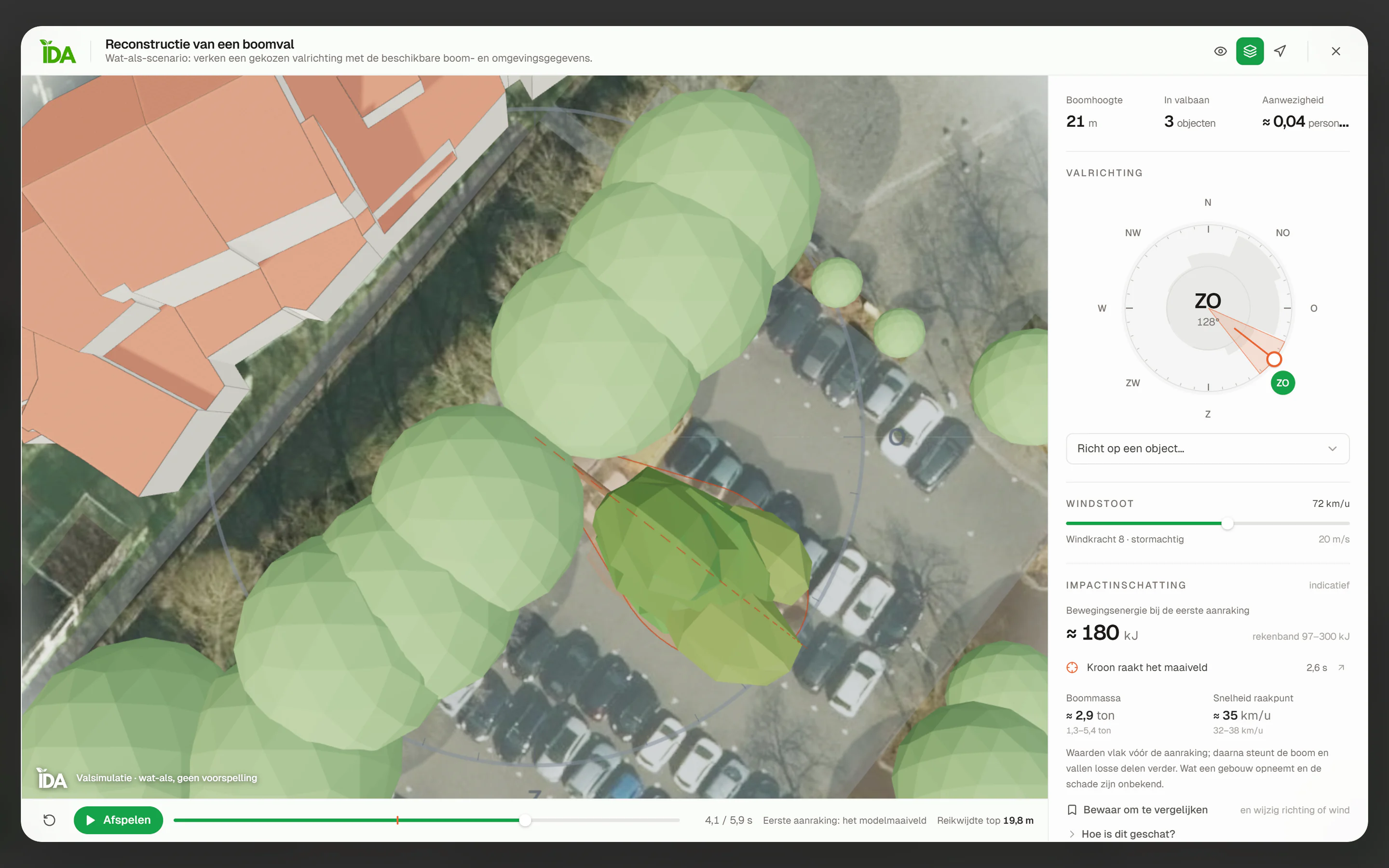 IDA Bomen: de valsimulatie van een boom, met de boomhoogte van 21 meter, drie objecten in de valbaan, de valrichting op een kompas en de windstoot, naast de 3D-kaart van een parkeerterrein