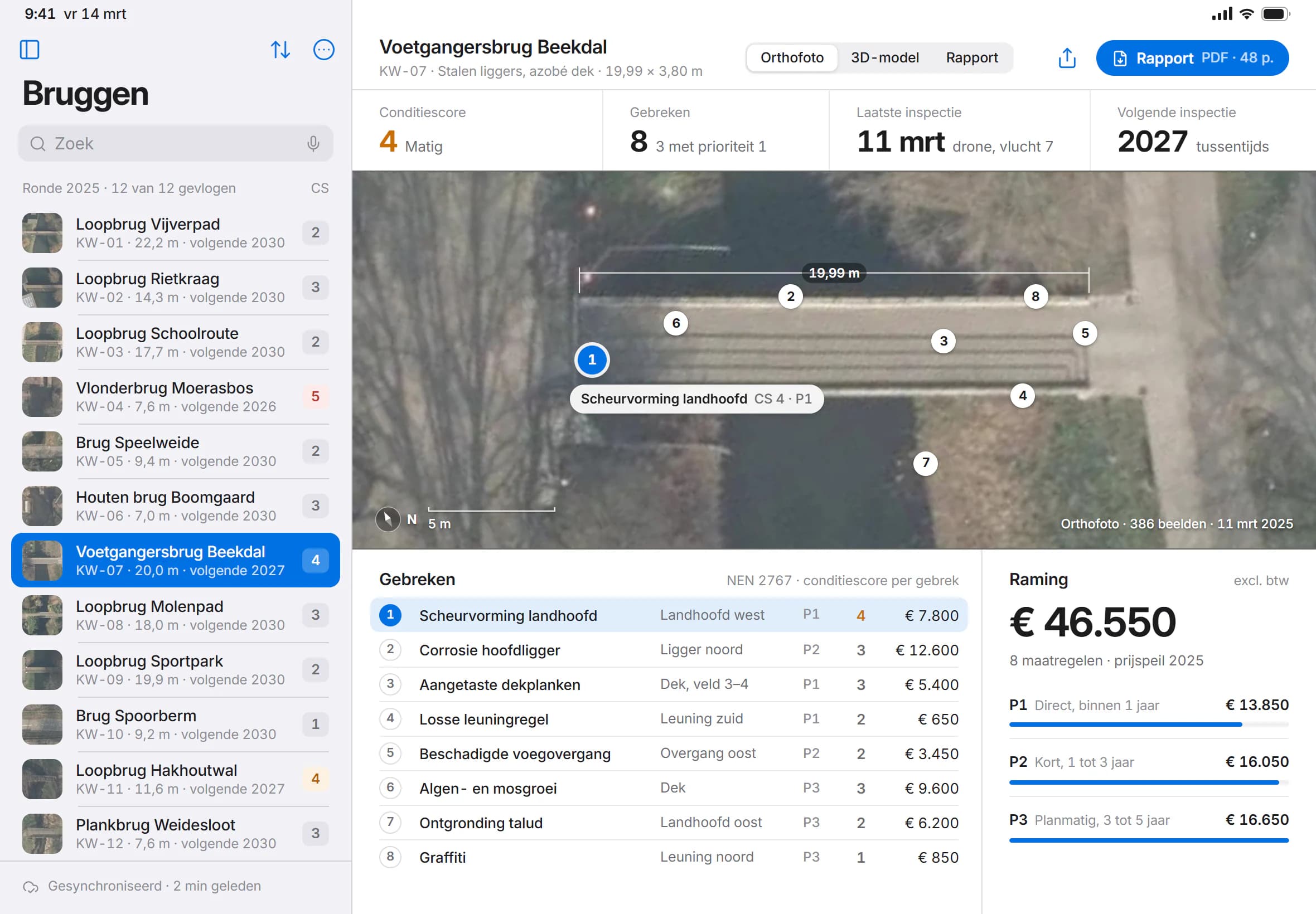 iPad-app voor bruginspecties: links twaalf voetgangersbruggen met hun conditiescore, rechts de orthofoto van een brug over een beek met acht genummerde gebreken, daaronder de gebrekenlijst en een raming per prioriteit