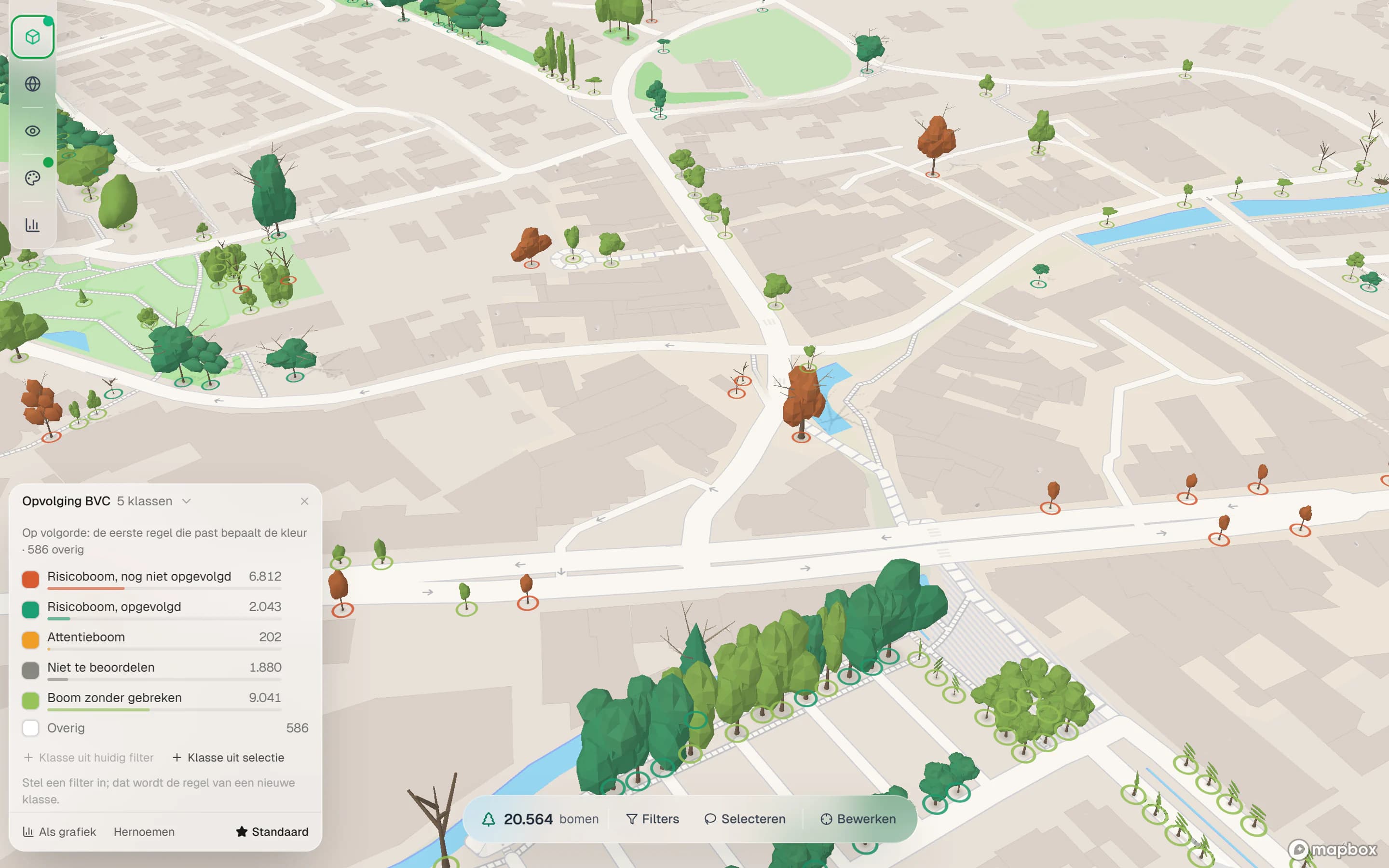 IDA Bomen: een 3D-kaart van een dorpskern met de bomen gekleurd per opvolgingsklasse, een legenda met de aantallen per klasse en een werkbalk met 20.564 bomen