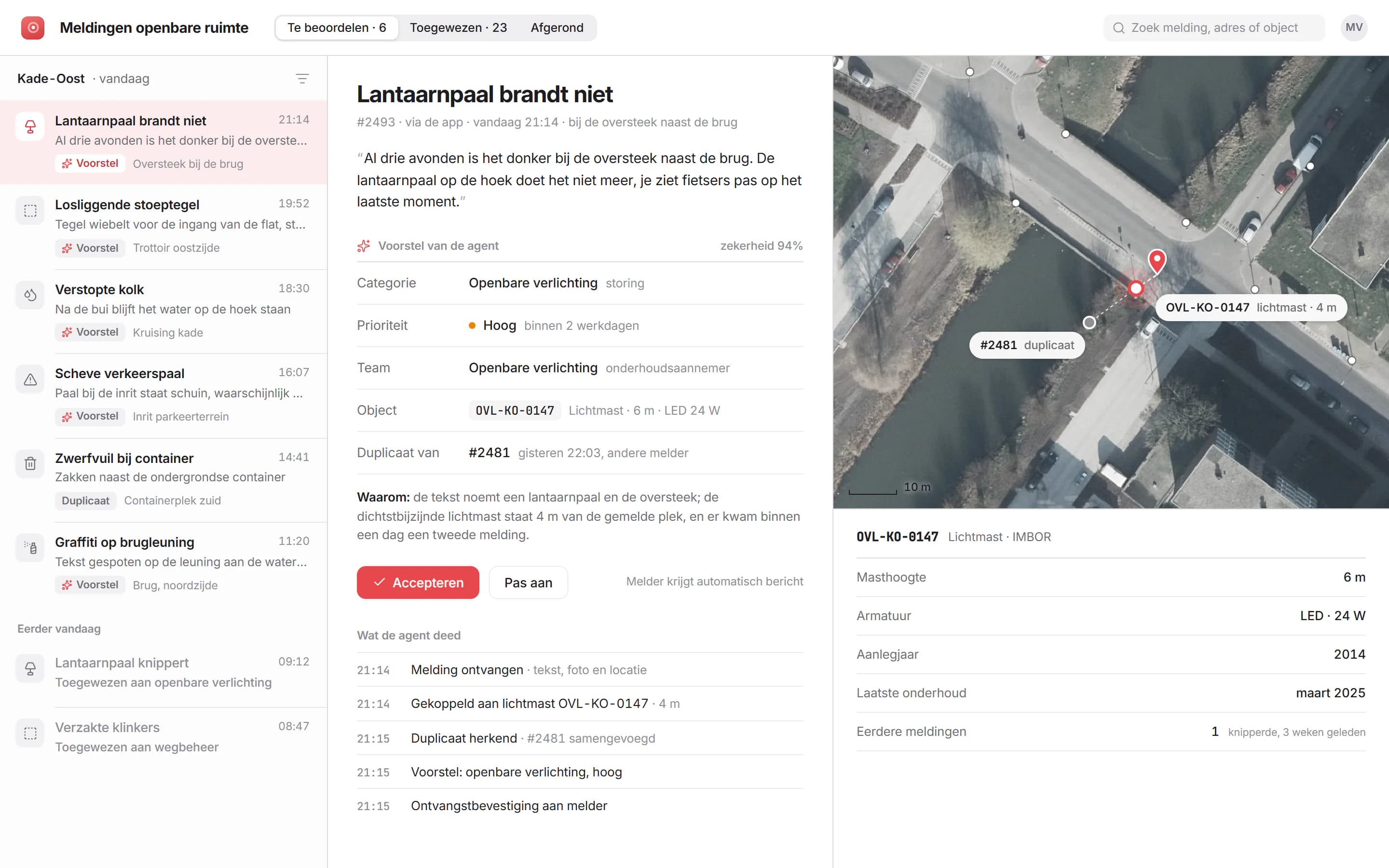 Een meldingenapp: een melding over een lantaarnpaal die niet brandt, met het voorstel van een AI-agent voor categorie, prioriteit, team, de gekoppelde lichtmast en een eerdere melding over hetzelfde, en waarom de agent dat voorstelt