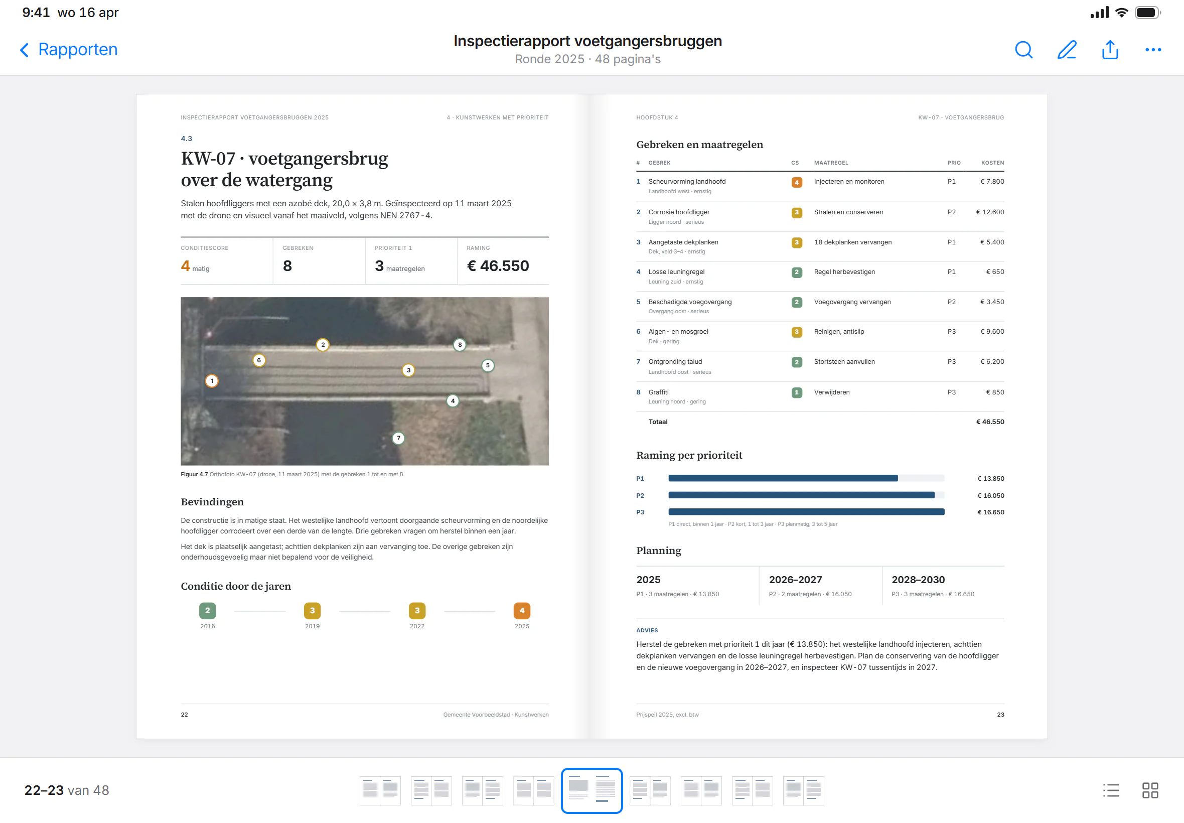 Een inspectierapport van voetgangersbruggen op een iPad: een luchtfoto van een brug met genummerde gebreken, een tabel met conditiescores en maatregelen volgens NEN 2767 en de raming per prioriteit