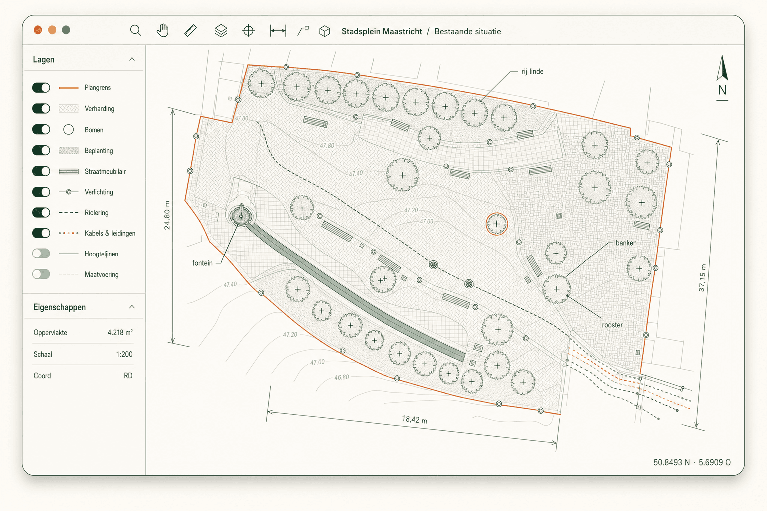 CAD-tekening van een complex Nederlands stadsplein met overlappende lagen voor verharding, bomen, straatmeubilair, riolering en maatvoering