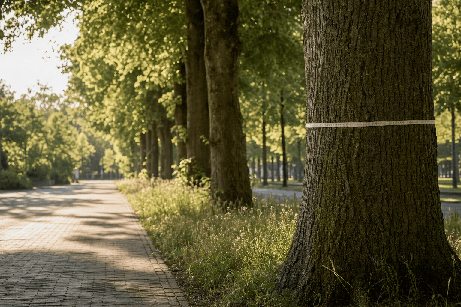Mature linde of eik op een brede laan, half in zonlicht, met een fijne meetlat tegen de stam