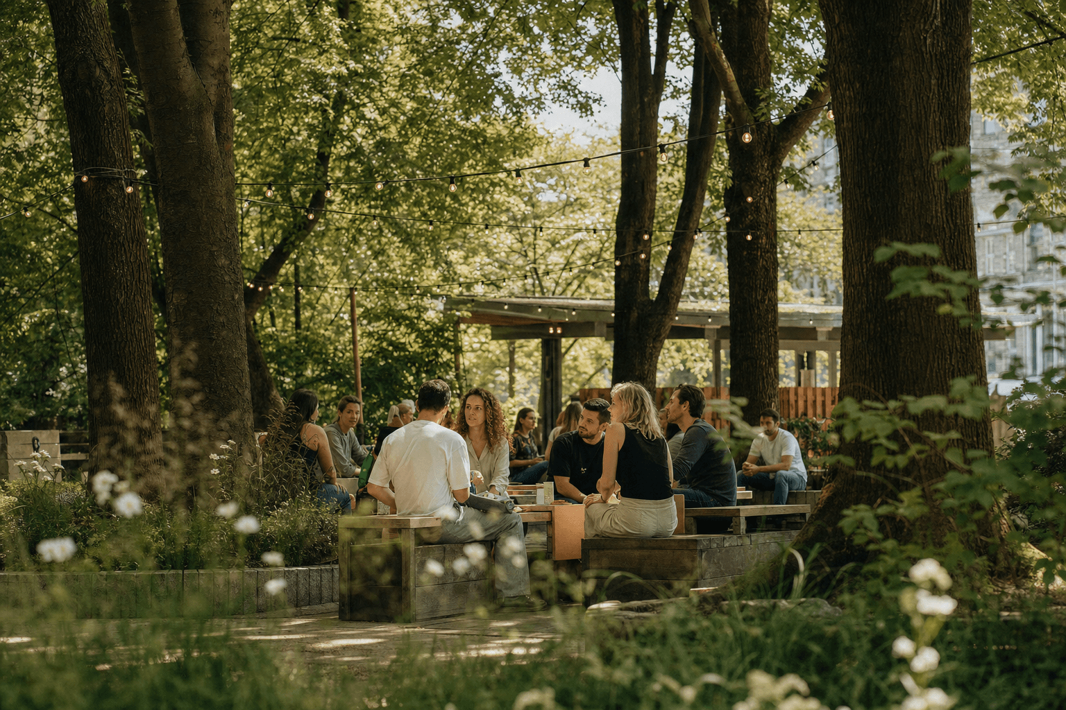 Levendig stadsplein met bomen, banken en wandelende mensen