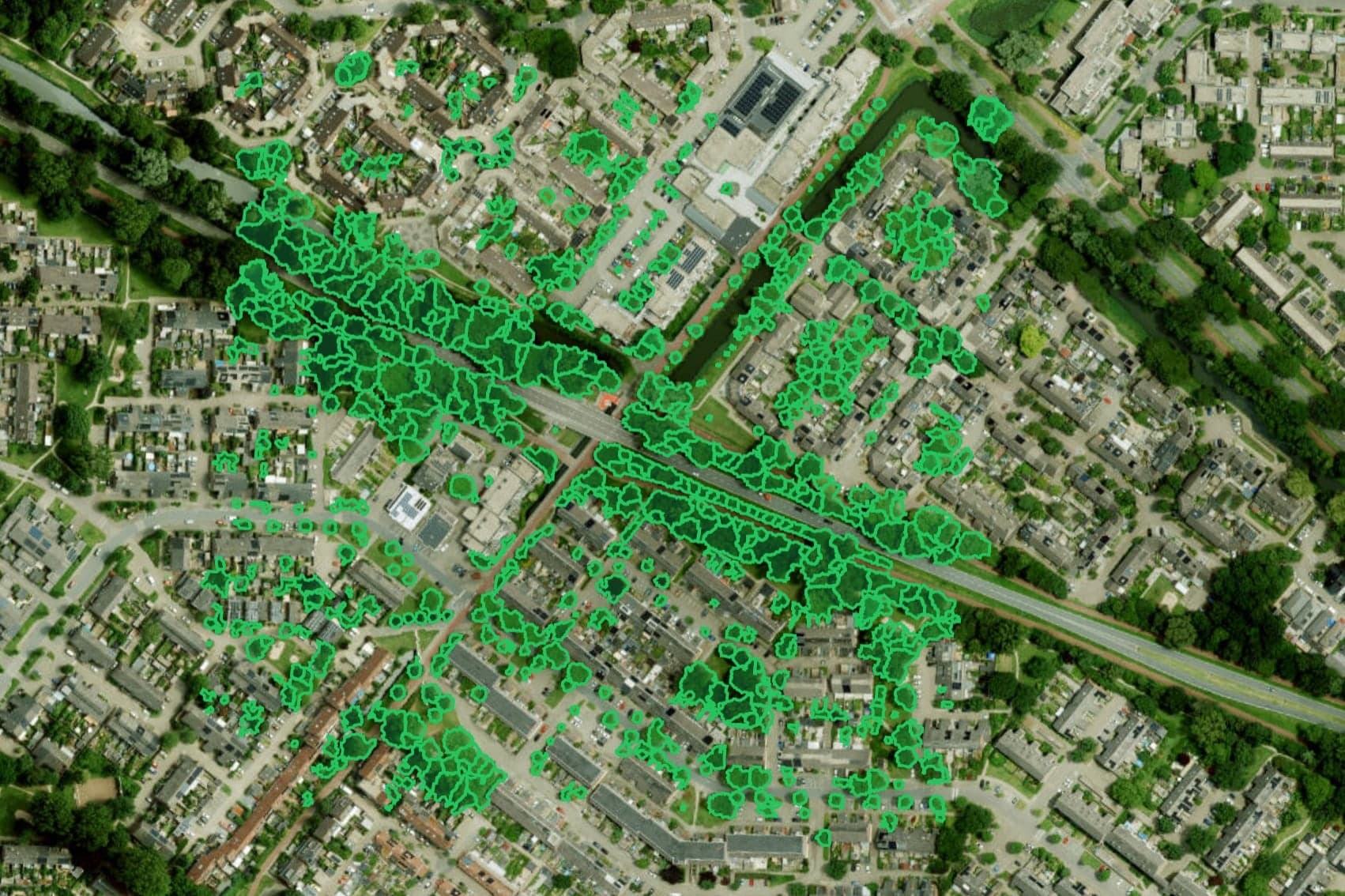 Luchtfoto van een Nederlandse woonwijk met groene polygonen die per individuele boom de gesegmenteerde boomkroon markeren